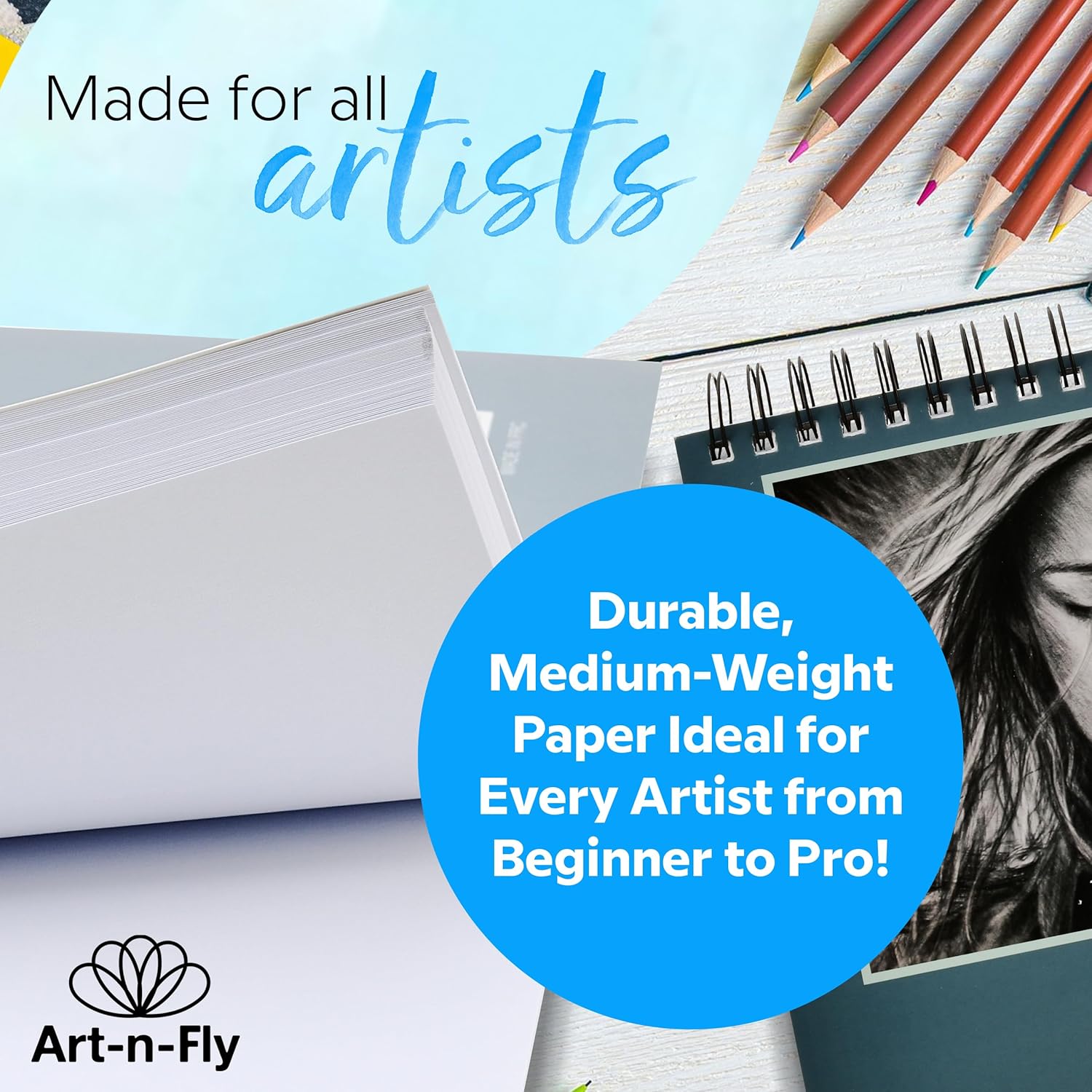 ArtNFly Spiral Bound Sketch Pad, 9 x 12 Inch, 100 Sheets, Smooth Acid-Free Drawing Paper, 70 lb Weight, Ideal for Pencil, Pen & Marker Sketching for Artists, Adults & Kids
