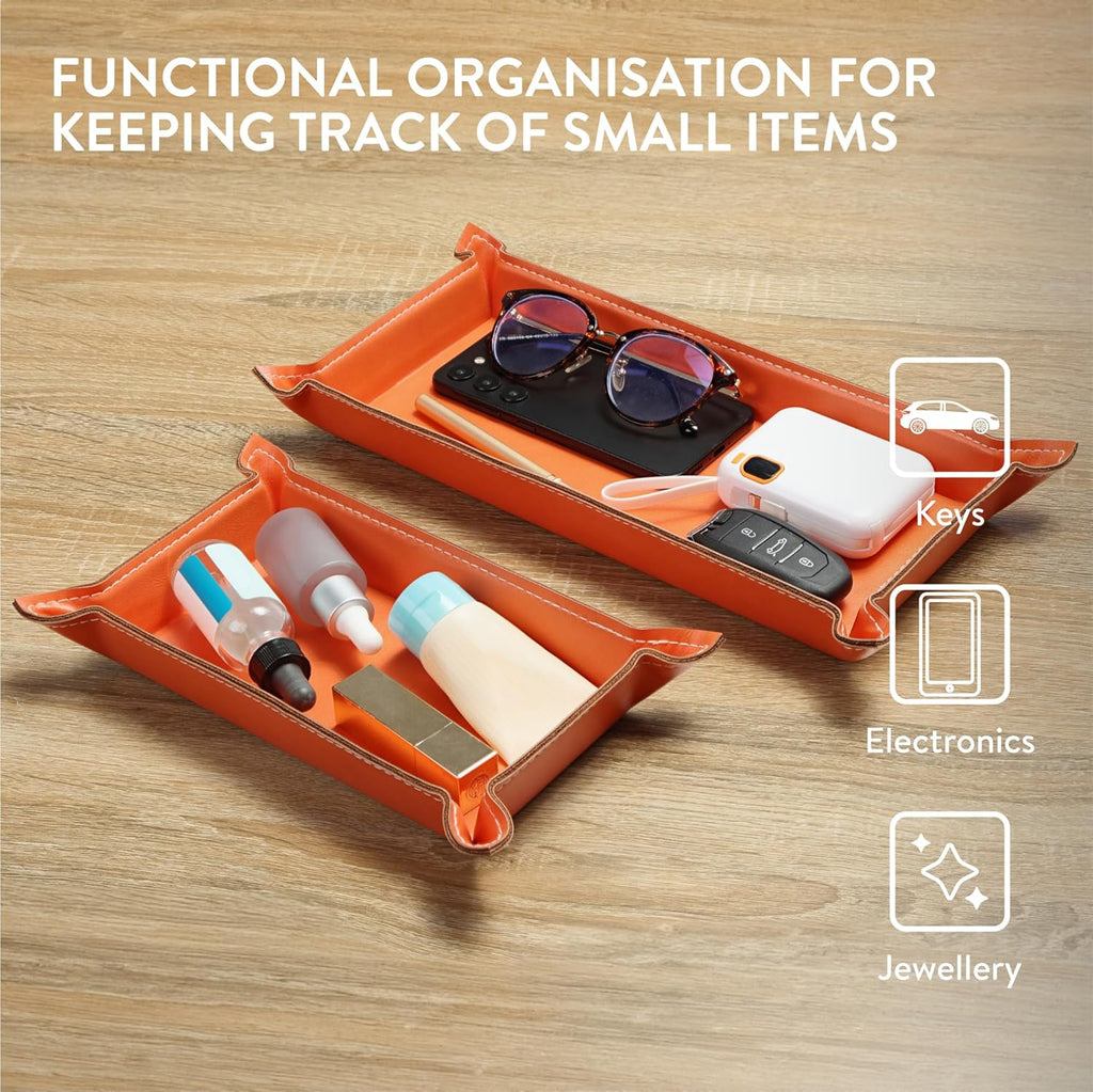 Navaris PU Leather Tray Set - 2 Piece Valet Tray & Trinket Organizer - Key, Watch, Jewelry & Desk Storage Tray Set - Orange