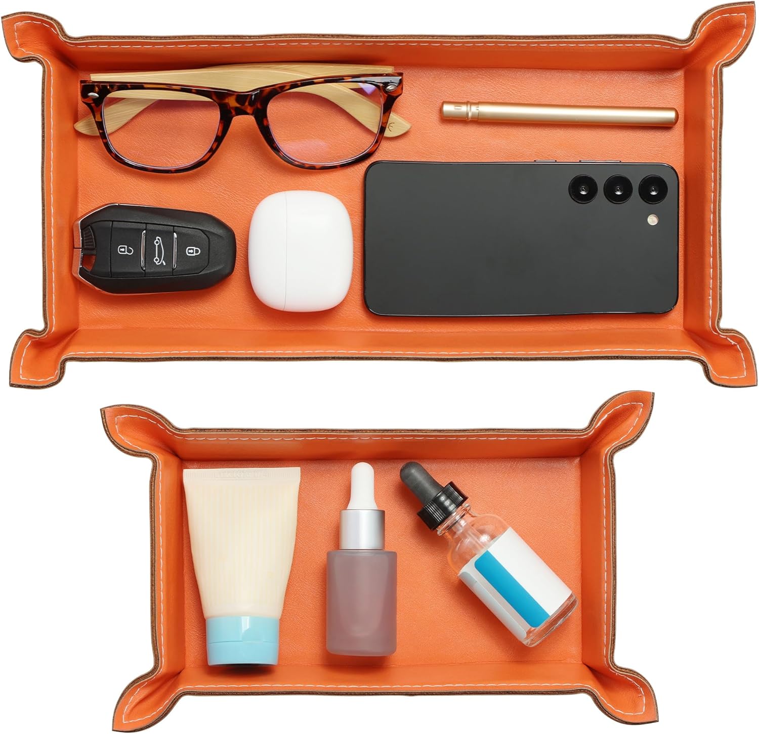 Navaris PU Leather Tray Set - 2 Piece Valet Tray & Trinket Organizer - Key, Watch, Jewelry & Desk Storage Tray Set - Orange
