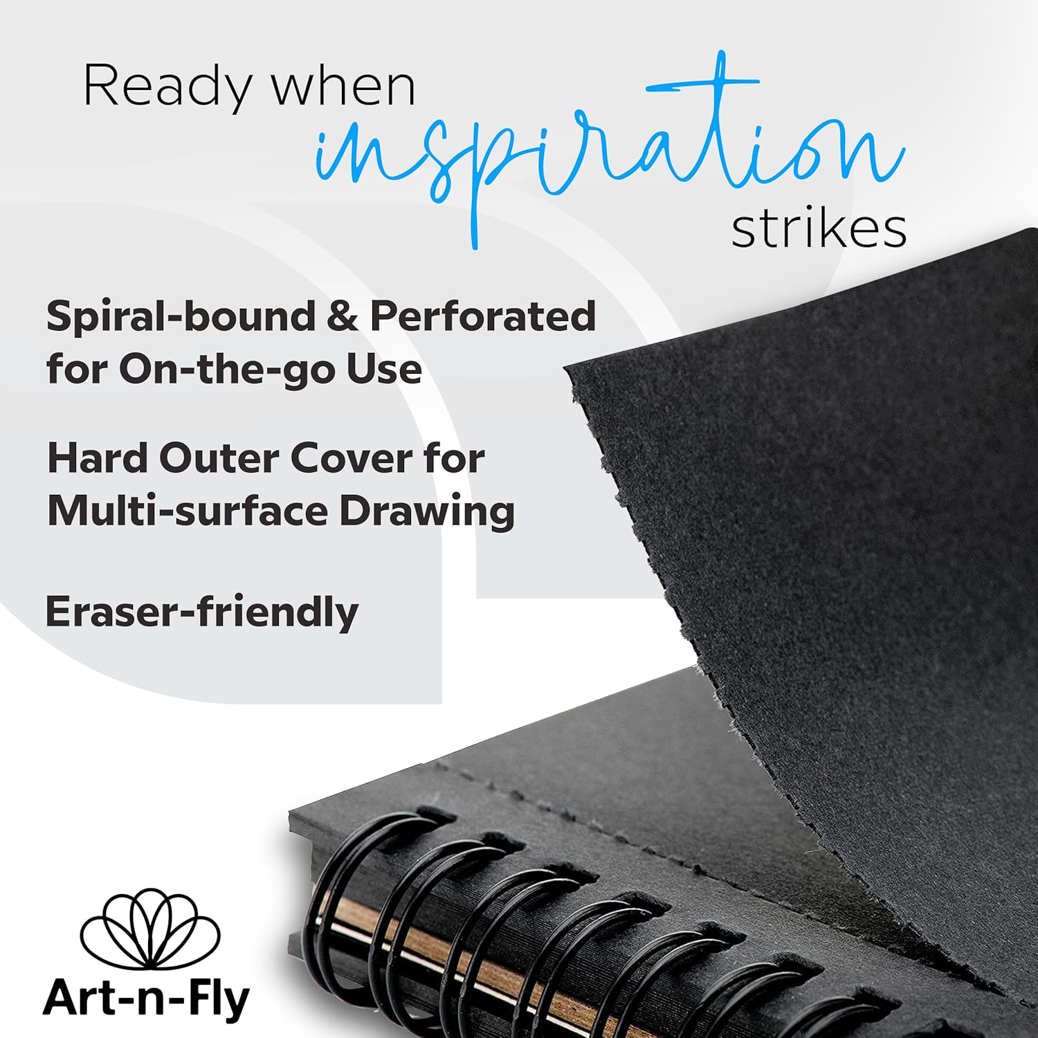 ArtNFly Black Sketch Pad 9" x 12", 32 Sheets, 88 lb Spiral Bound Black Drawing Paper Sketchbook with Perforated Pages for Colored Pencils, Graphite, Charcoal, Pastels & Gel Pens
