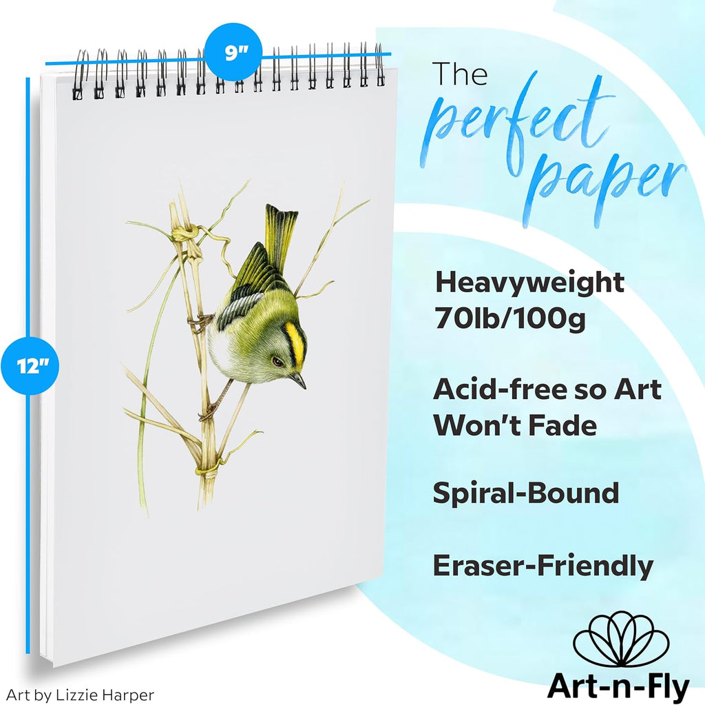ArtNFly Spiral Bound Sketch Pad, 9 x 12 Inch, 100 Sheets, Smooth Acid-Free Drawing Paper, 70 lb Weight, Ideal for Pencil, Pen & Marker Sketching for Artists, Adults & Kids