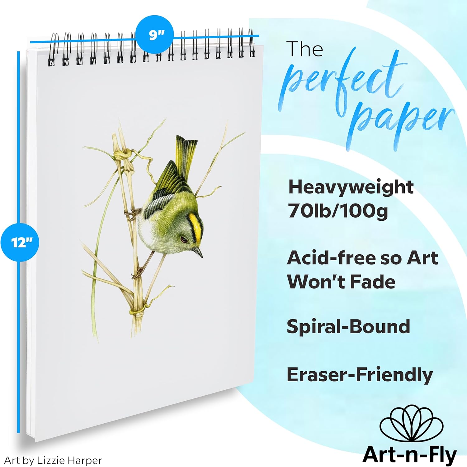 ArtNFly Spiral Bound Sketch Pad, 9 x 12 Inch, 100 Sheets, Smooth Acid-Free Drawing Paper, 70 lb Weight, Ideal for Pencil, Pen & Marker Sketching for Artists, Adults & Kids