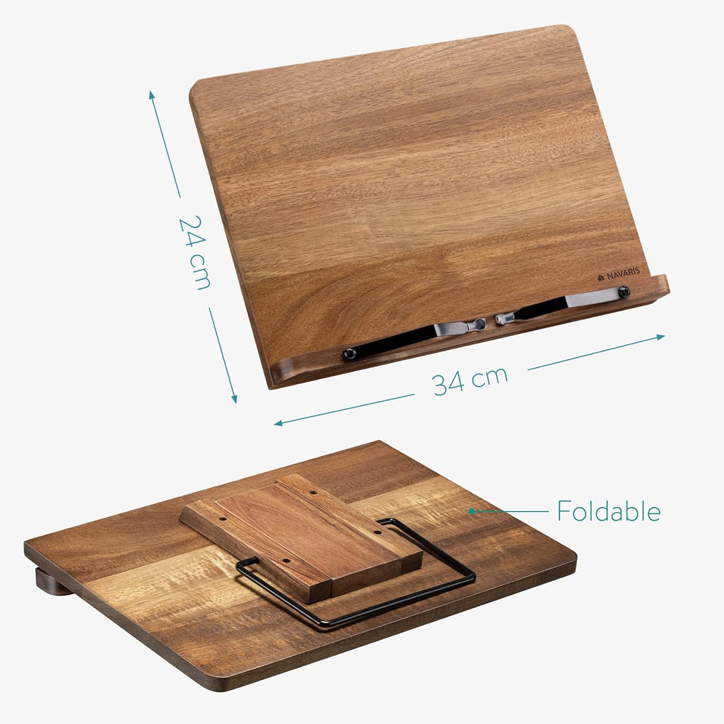 Navaris acacia wooden book stand with adjustable page holders for cookbooks tablets and reading