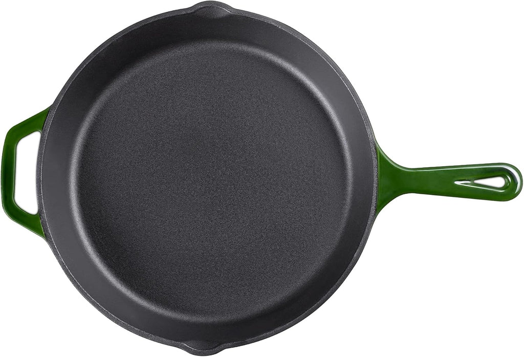 Navaris Enameled Cast Iron Skillet - 12" (30cm) Pre-Seasoned Frying Pan with Helper Handle, Pour Spouts, for Oven, Stovetop, Grill & Campfire, Non-Toxic, Even- Heating, Green