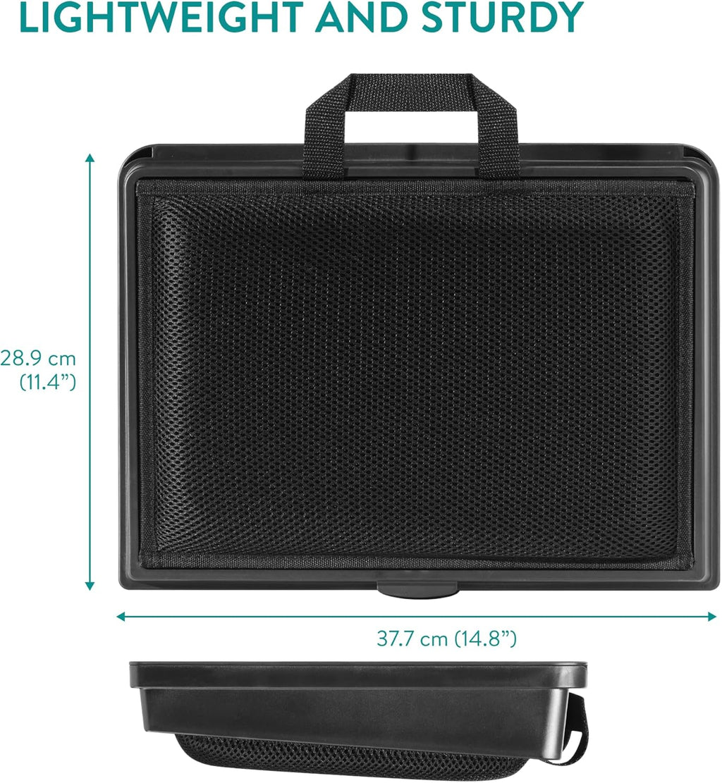 Navaris adjustable laptop desk with cushioned lap tray, lockable storage compartments, carrying handle, and ergonomic laptop stand shown in front, top, and side views