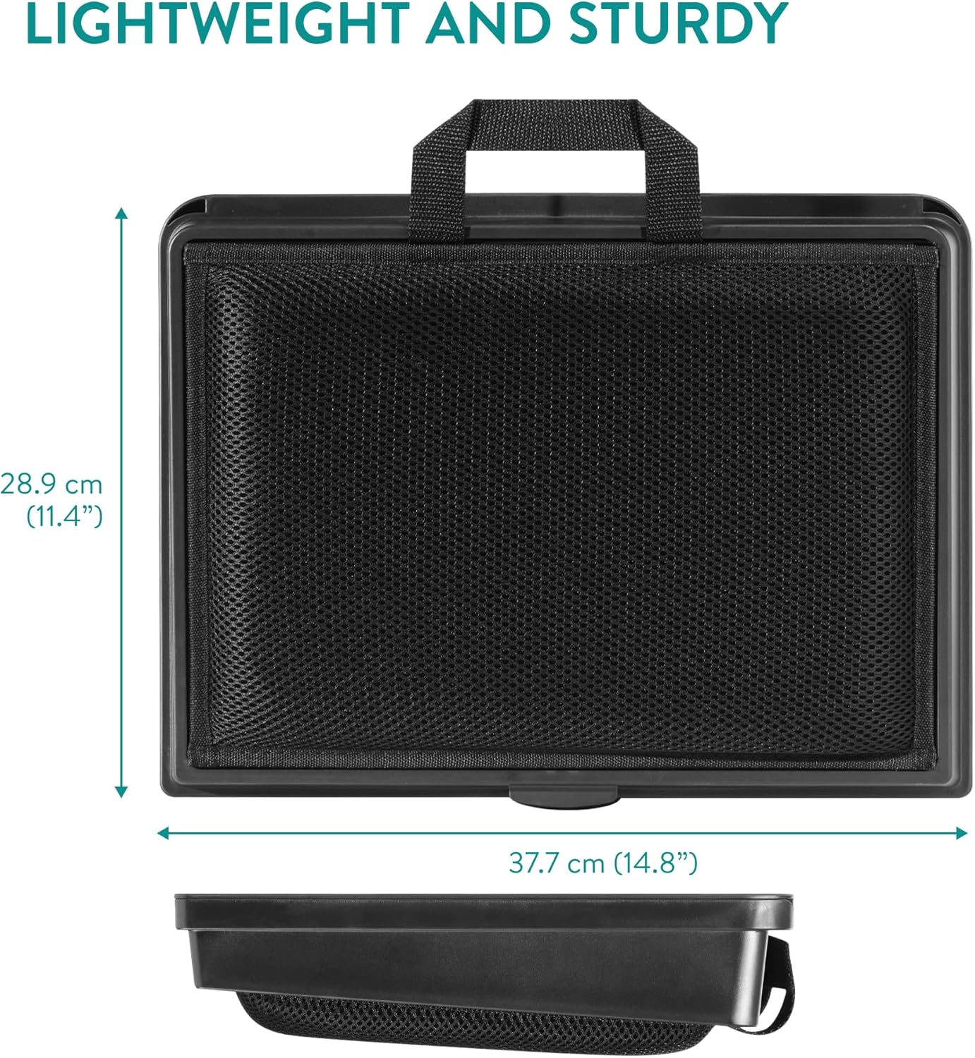 Navaris adjustable laptop desk with cushioned lap tray, lockable storage compartments, carrying handle, and ergonomic laptop stand shown in front, top, and side views