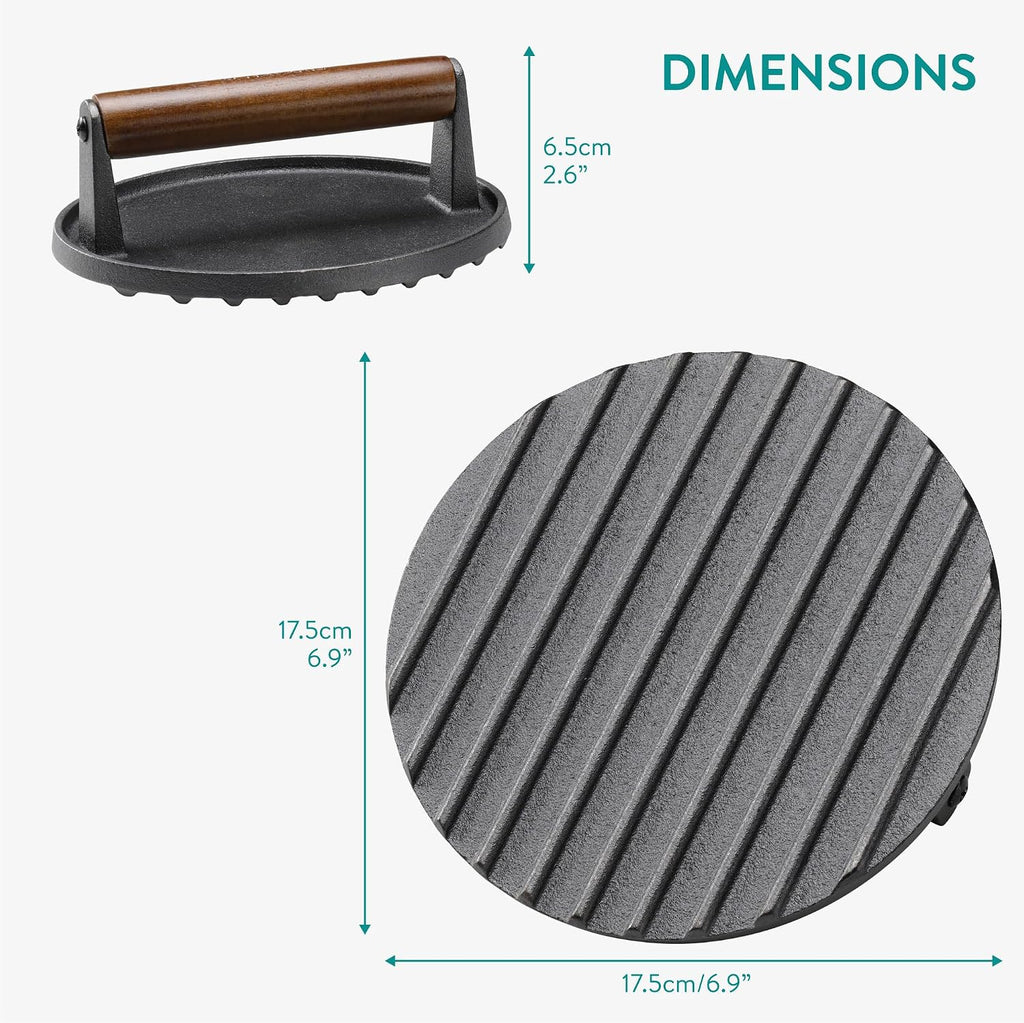 Navaris Cast Iron Round Burger Smasher – 6.9" Heavy-Duty Smash Burger Press with Wooden Handle for BBQ, Grill & Griddle
