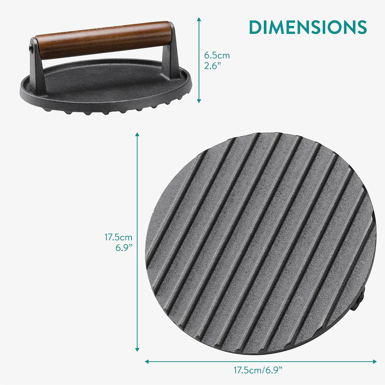 Navaris Cast Iron Round Burger Smasher – 6.9" Heavy-Duty Smash Burger Press with Wooden Handle for BBQ, Grill & Griddle