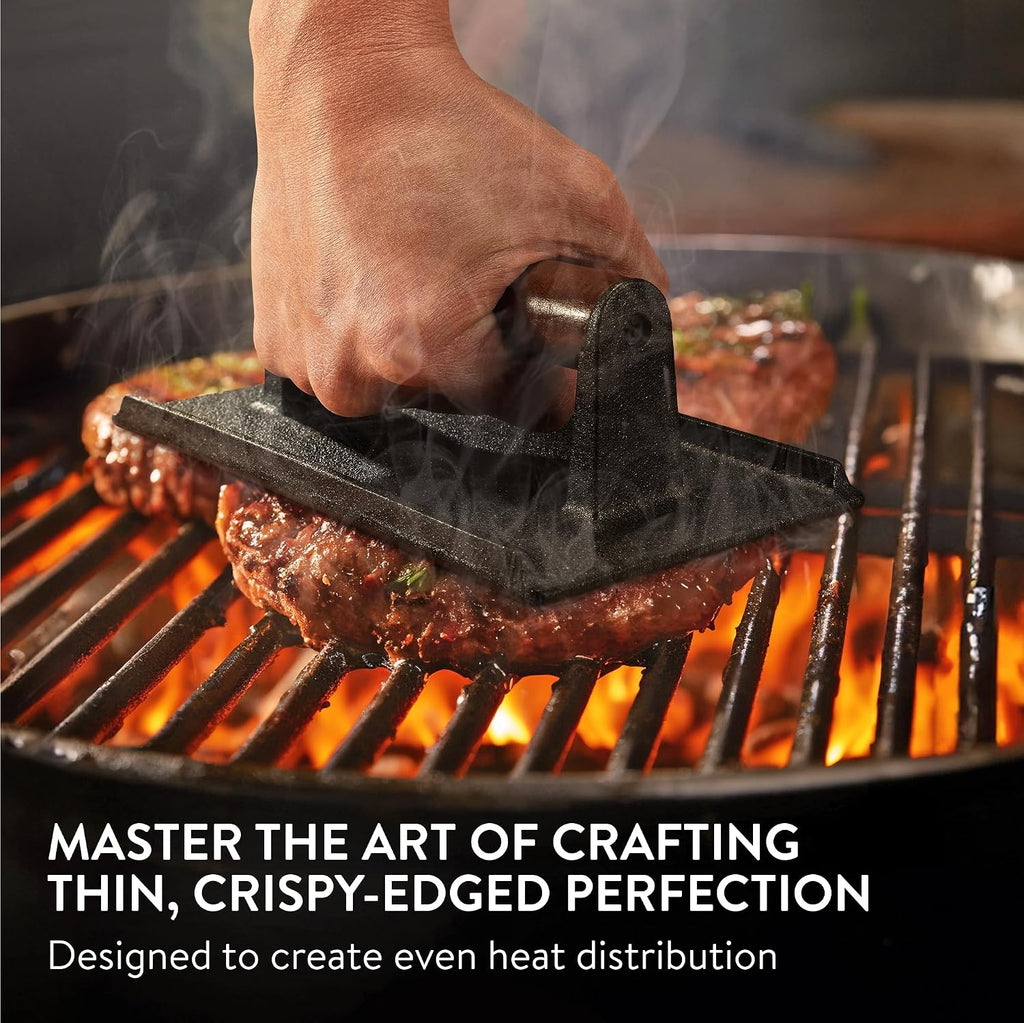 Navaris Smash Burger Press – Rectangular Cast Iron Hamburger Press for Even Grilling & Perfect Sear Marks
