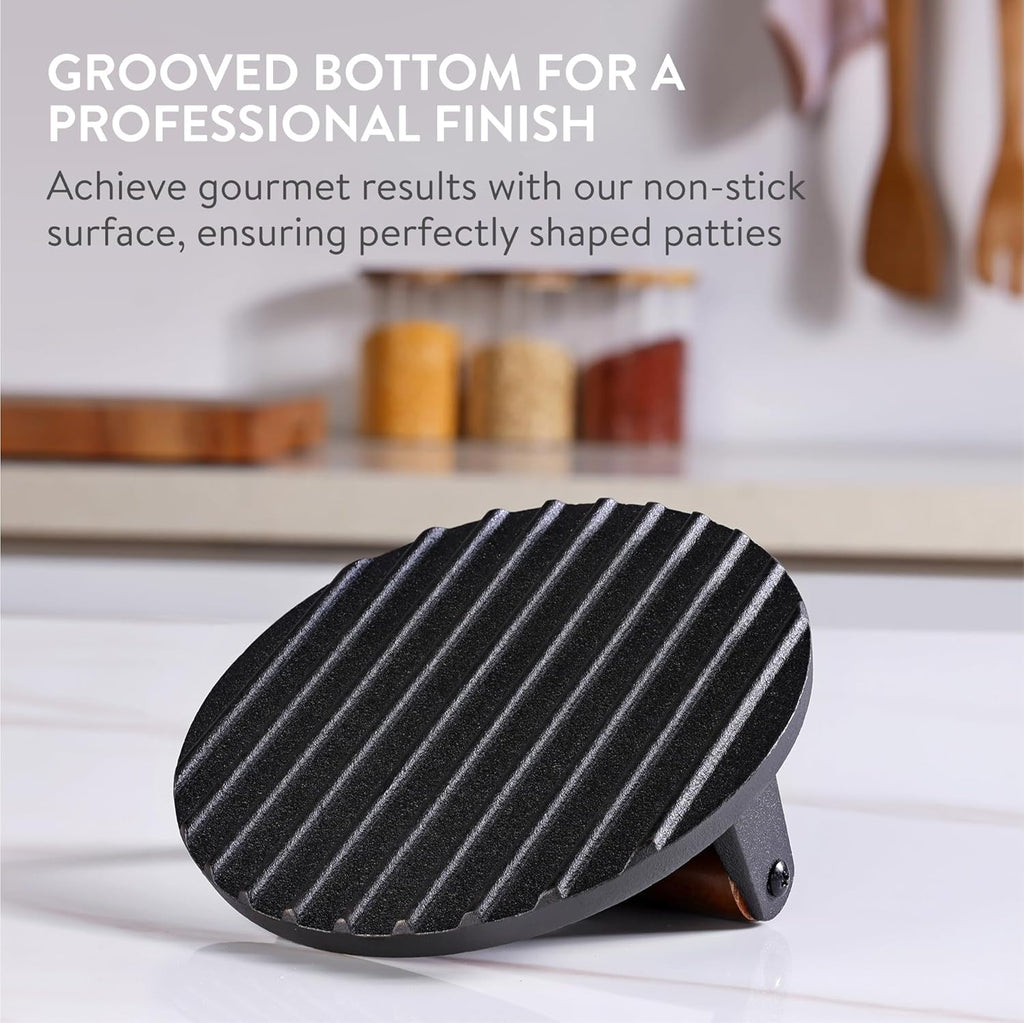 Navaris Cast Iron Round Burger Smasher – 6.9" Heavy-Duty Smash Burger Press with Wooden Handle for BBQ, Grill & Griddle