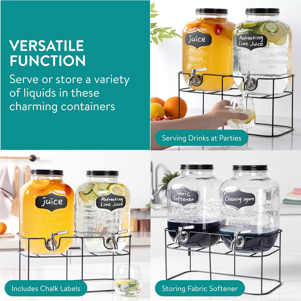 Navaris Glass Double Jar Drink Dispenser with Tap & Metal Stand – Dual 5L Beverage Dispensers for Water, Lemonade, Cocktails & Parties