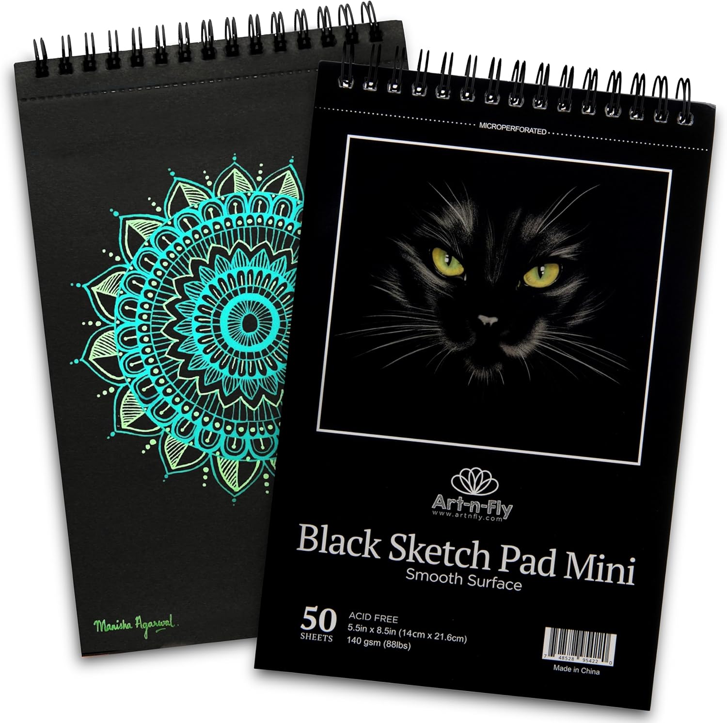 Art-N-Fly Mini Black Sketch Pad 5.5" x 8.5", 2-Pack, 100 Sheets Total, Spiral Bound Black Paper Sketchbook with Perforated Pages for Colored Pencils, Graphite, Charcoal, Pastels & Gel Pens
