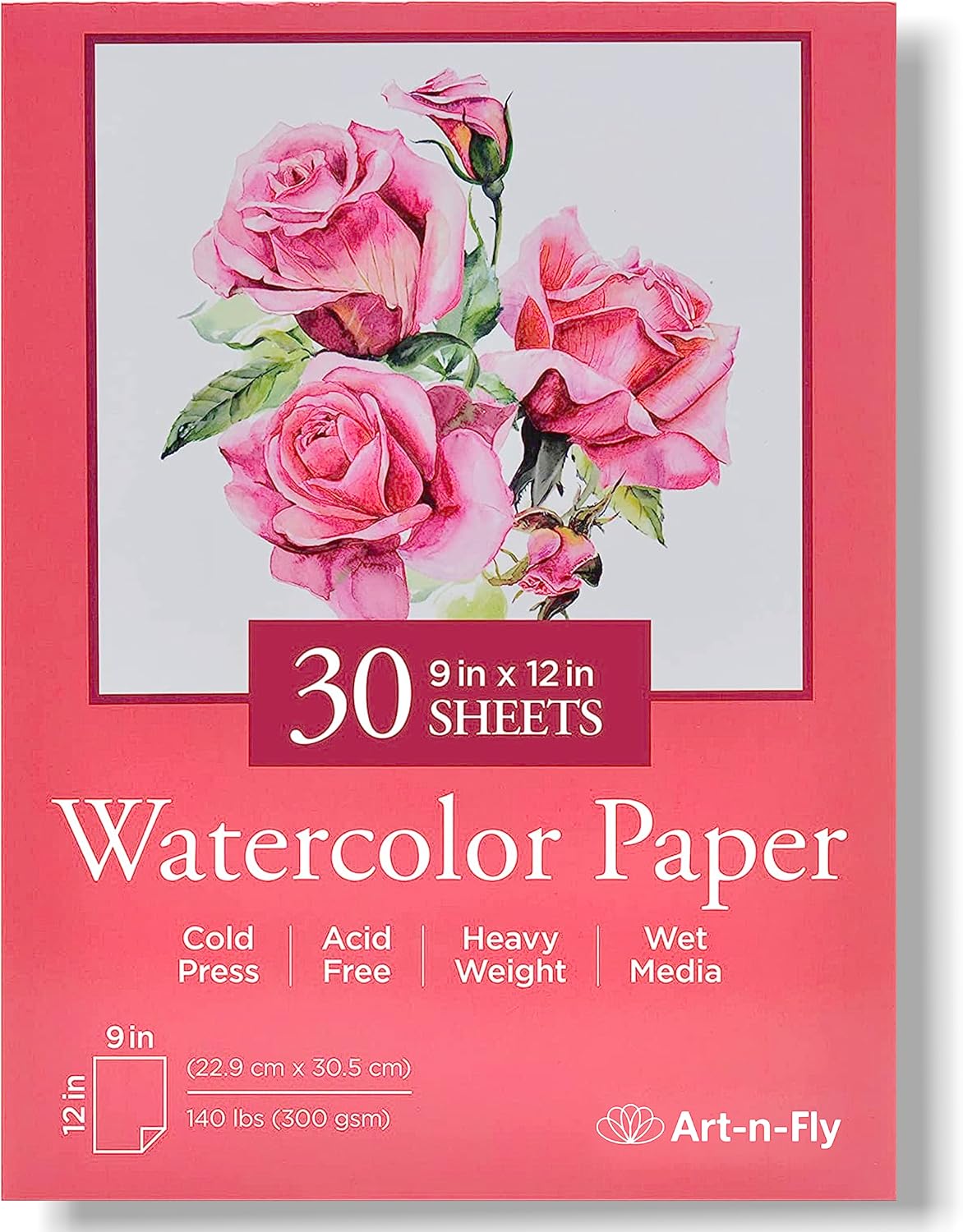 Art-n-Fly Watercolor Paper Pad 9 x 12 Inch, 30 Sheets, Cold Press 140 lb Watercolor Sketchbook, Acid-Free Paper for Watercolor Painting, Drawing, Wet & Mixed Media, Ideal for Artists and Kids