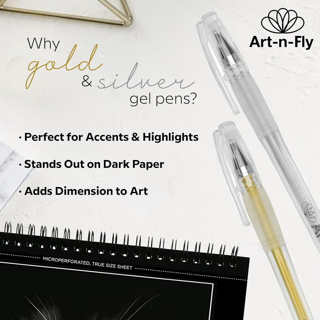 Art-n-Fly Gold & Silver Gel Pens, 6 Pack Metallic Fine Point Gel Pens, 0.7mm Tip with Japanese Archival Ink, Opaque Gold & Silver Pens for Black Paper, Drawing, Sketching, Journaling & Writing