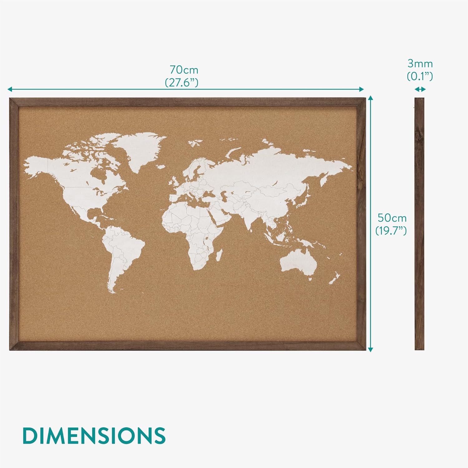 Navaris Cork World Map Pinboard with Wood Frame - 70 x 50 cm Travel Bulletin Cork Board - Push Pin World Map Includes Pins
