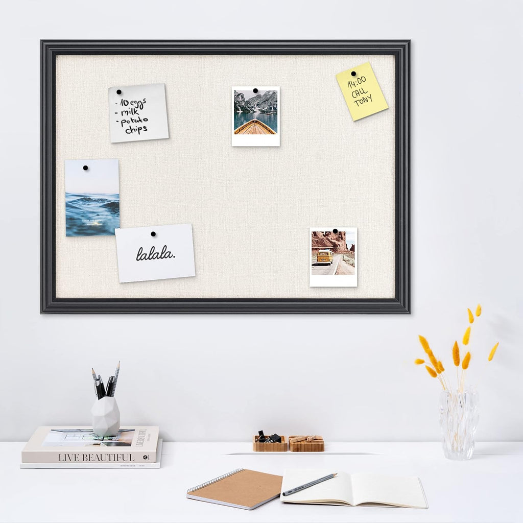 Navaris Framed Linen Bulletin Board with MDF Frame - 17 x 23 Inch Fabric Jewelry Organizer Pinboard for Wall - Linen Memory Memo Board