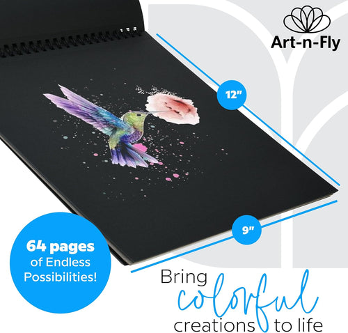 Art-N-Fly Mini Black Sketch Pad 5.5" x 8.5", 2-Pack, 100 Sheets Total, Spiral Bound Black Paper Sketchbook with Perforated Pages for Colored Pencils, Graphite, Charcoal, Pastels & Gel Pens