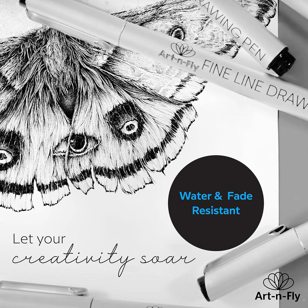 Art-n-Fly Micro Pen Set, 6 Assorted Tip Sizes, Black Waterproof Fineliner Pens with Japanese Archival Pigment Ink, Quick-Dry, No-Bleed Fine Point Pens for Drawing, Sketching, Manga & Illustration