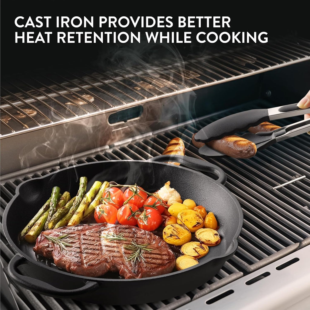 Navaris Cast Iron Skillet – 12" (30cm) Pre-Seasoned Frying Pan with Double Handles & Pour Spouts for Oven, Stovetop, Grill & Campfire