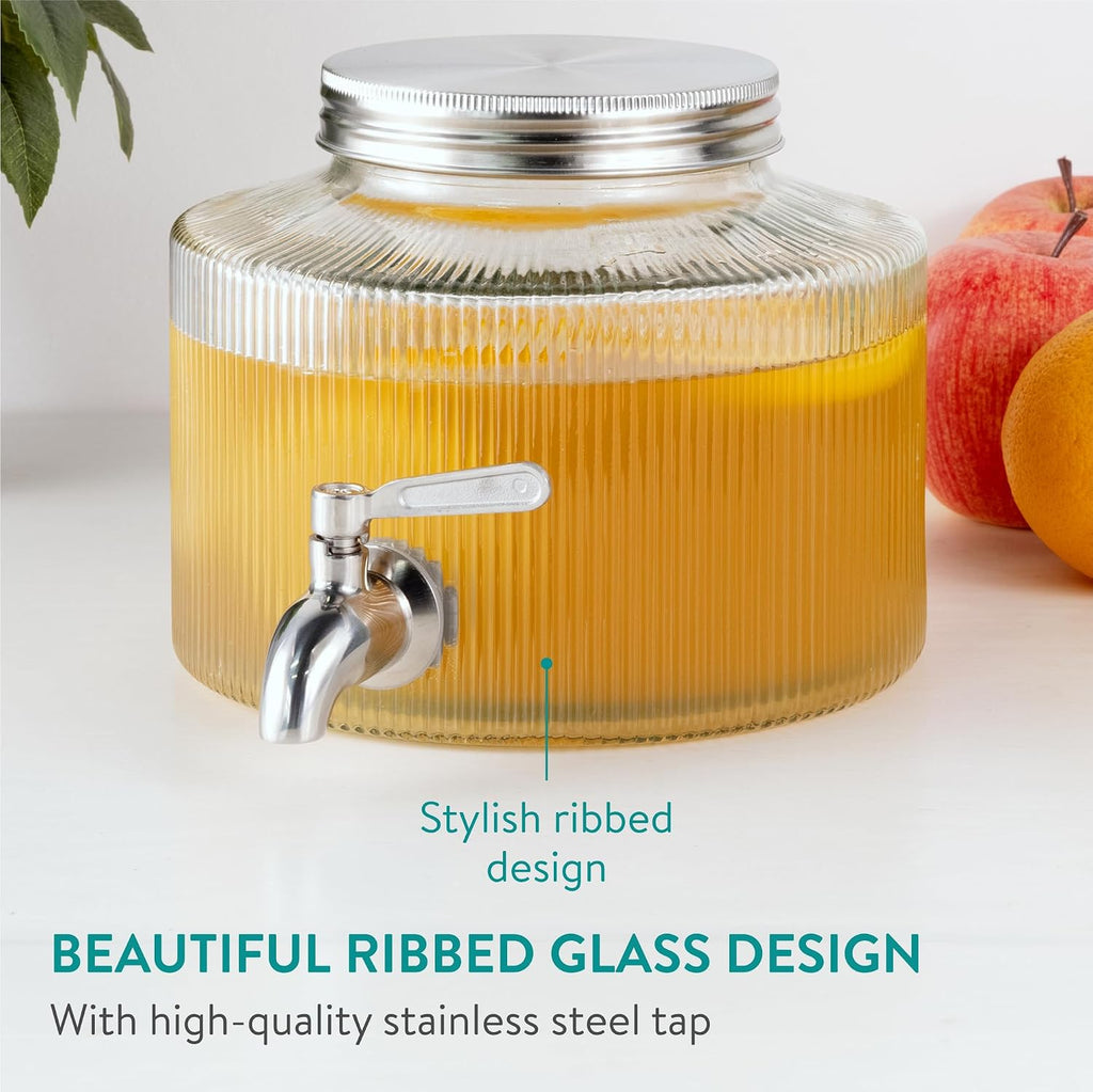 Navaris Glass Drink Dispenser with Tap – 0.7 Gallon (2.7L) Ripple Design Beverage Dispenser for Water, Juice & Cocktails