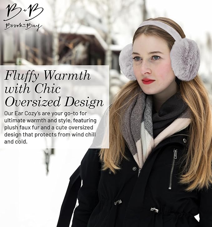 Brook + Bay Foldable Faux Fur Earmuffs - Adjustable Velvet Lined Ear Warmers for Women, Men & Kids - Gray