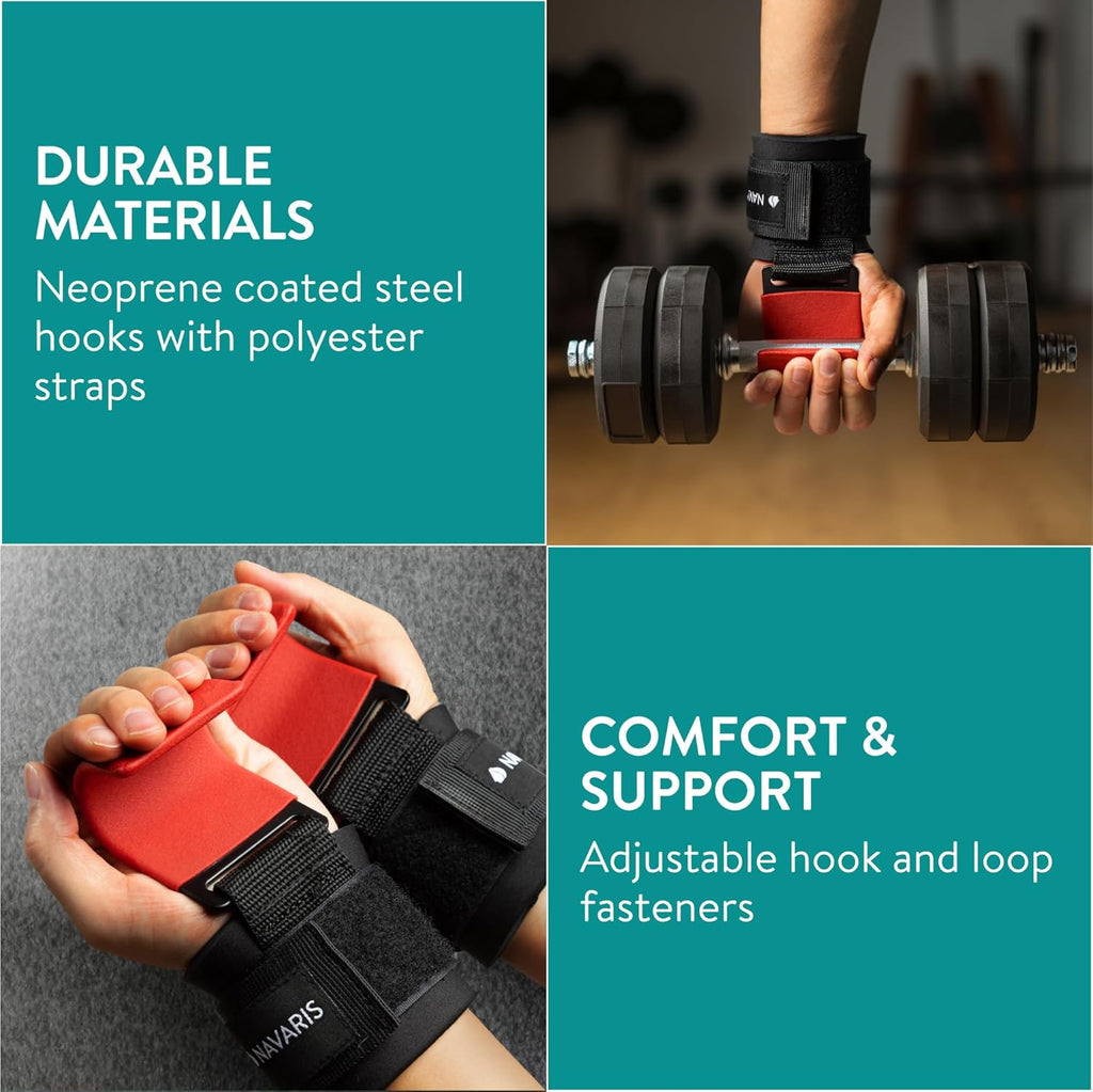 Navaris Weight Lifting Straps with Metal Hooks – Set of 2 Padded Wrist Straps for Weightlifting, Bodybuilding & CrossFit
