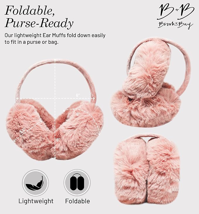 Brook + Bay Foldable Faux Fur Earmuffs - Adjustable Velvet Lined Ear Warmers for Women, Men & Kids - Pink