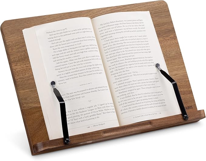 Navaris acacia wooden book stand with adjustable page holders for cookbooks tablets and reading
