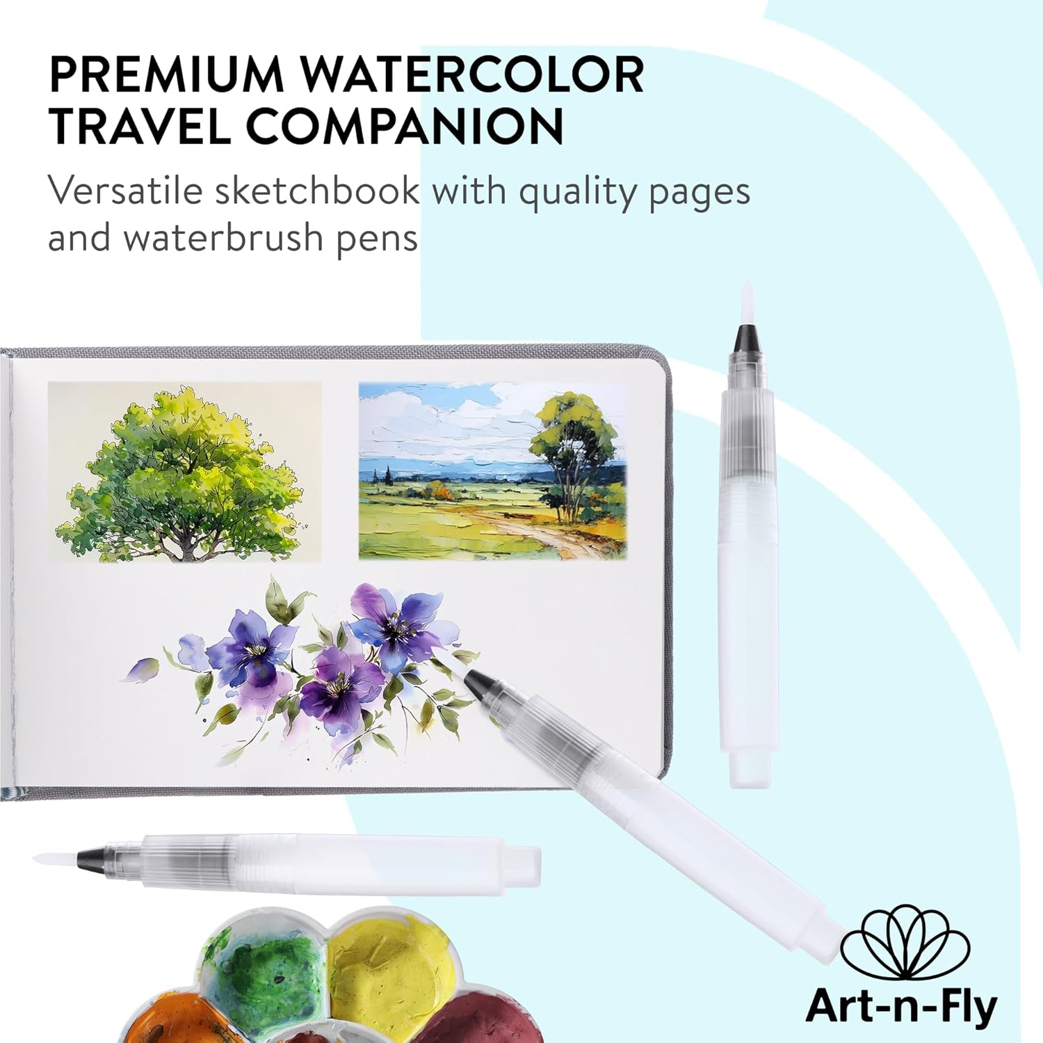 Art N Fly Watercolor Workbook Set, 3 Watercolor Sketchbooks & 3 Brush Tip Markers, Travel Painting Journal Kit for Watercolor Art, Sketching, Journaling & Creative Projects