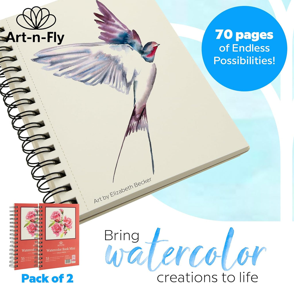 Art-n-Fly A5 Watercolour Sketchpad 2-Pack, 8.5" x 5.5" (22 x 14 cm), 70 Sheets Total, 300 gsm / 140 lb Cold Press Watercolor Paper, Spiral Bound with Microperforated Pages for Painting, Drawing & Mixed Media