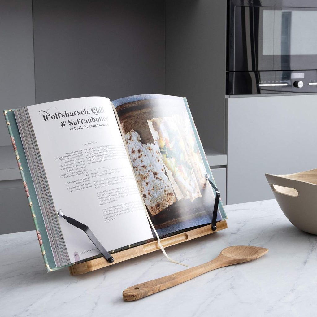 Navaris Bamboo Book Stand – Hands-Free Cookbook, Recipe & Tablet Holder with Adjustable Page Clips, Brown (33 x 24 cm)