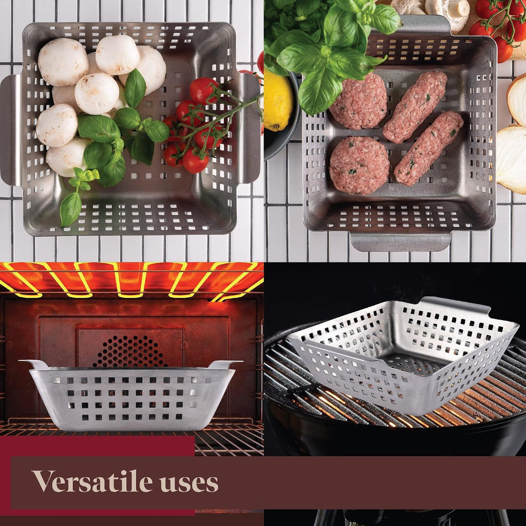 GOURMEO Stainless Steel Grill Basket – 8.2" x 8.2" x 2.7" BBQ Grilling Basket for Vegetables, Fish & Meat