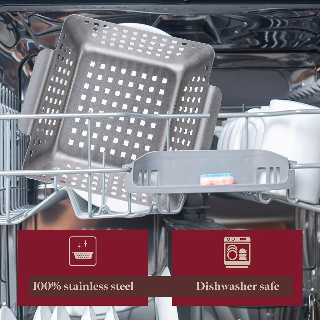 GOURMEO Stainless Steel Grill Basket – 8.2" x 8.2" x 2.7" BBQ Grilling Basket for Vegetables, Fish & Meat