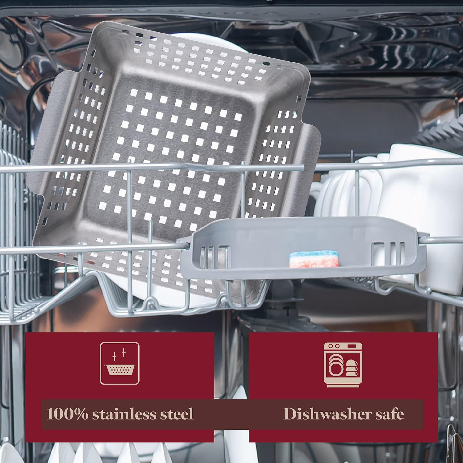 GOURMEO Stainless Steel Grill Basket – 8.2" x 8.2" x 2.7" BBQ Grilling Basket for Vegetables, Fish & Meat