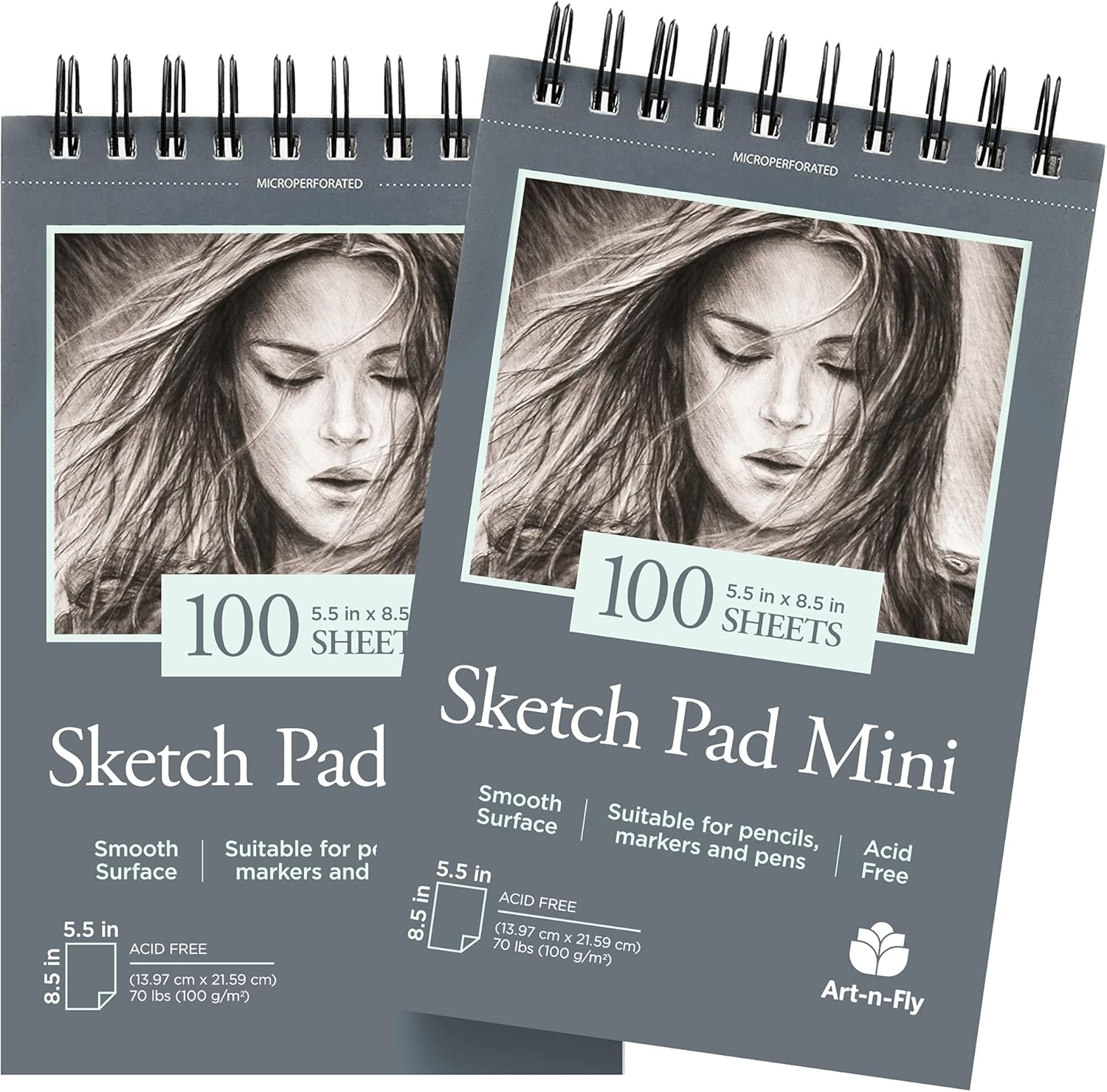 Art-N-Fly Travel Sketch Pad Set, 2-Pack Spiral Bound Sketchbooks, 200 Sheets Total, 70 lb (100 gsm) Drawing Paper, Portable 5.5" x 8.5" Sketchbook for Drawing, Sketching & Creative Artwork