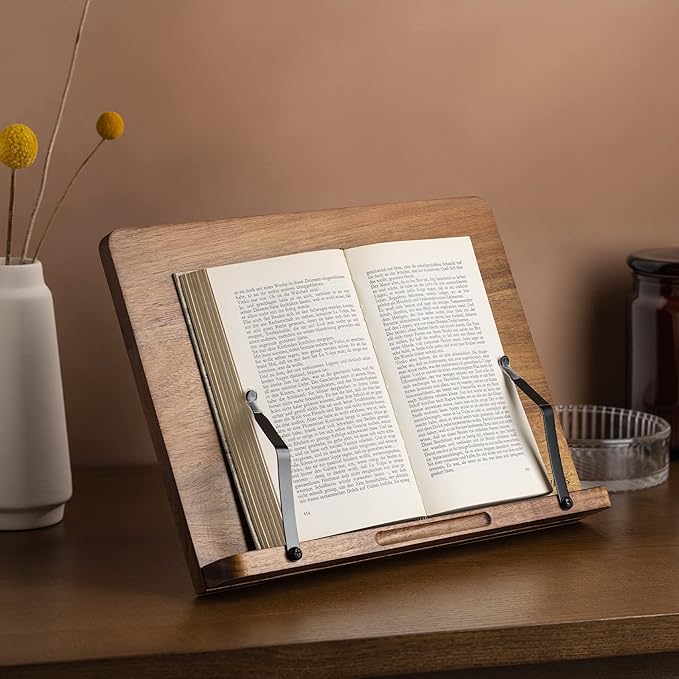 Navaris acacia wooden book stand with adjustable page holders for cookbooks tablets and reading