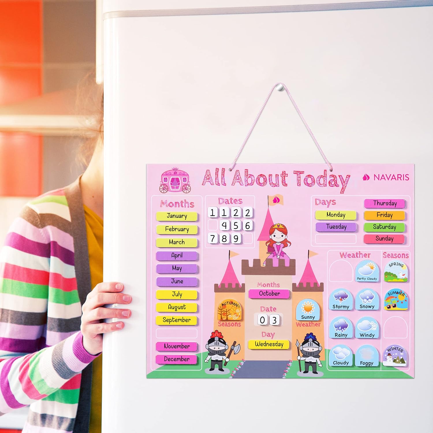 Navaris Kids Magnetic Calendar Board - My First Calendar Educational Wall Chart with Daily Magnet Stickers, Seasons, Weather & Months for Children - Pink Princess