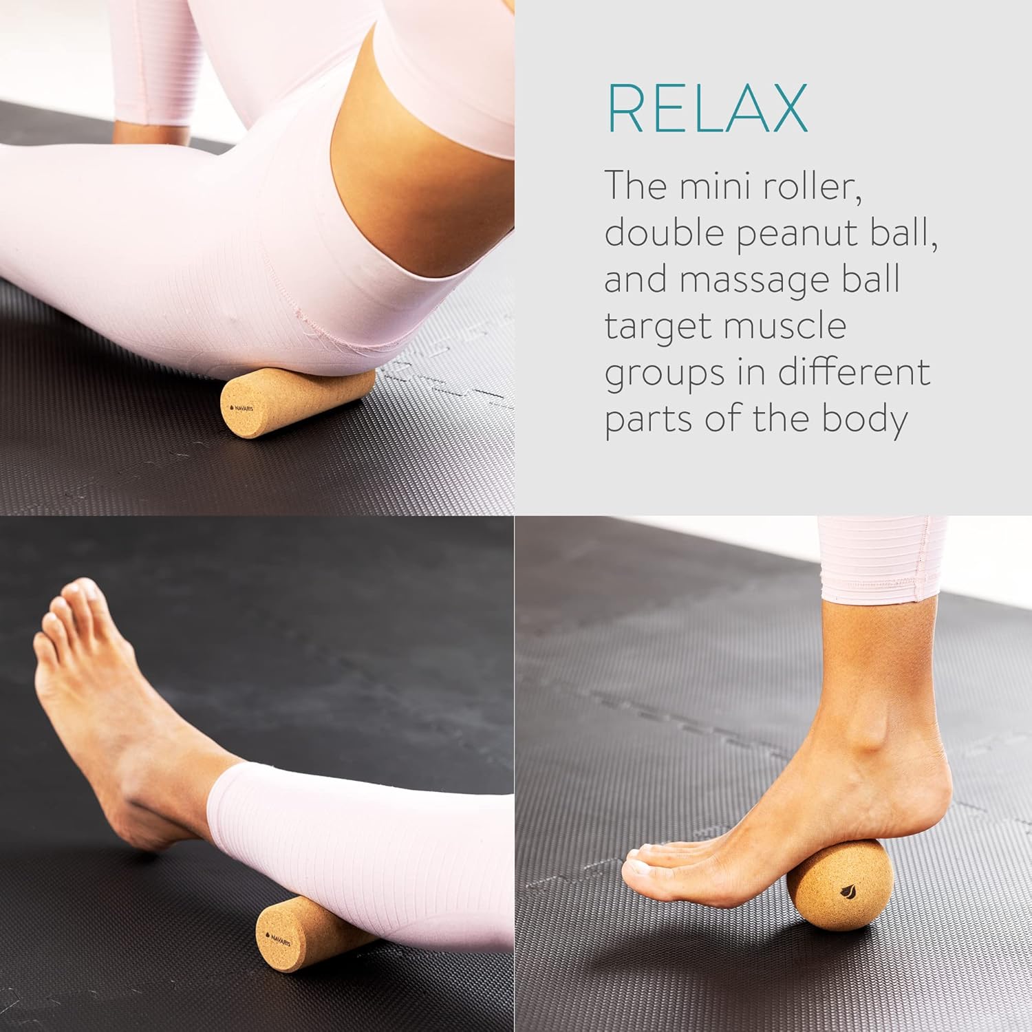 Navaris Cork Massage Roller Ball Set – 3-Piece Muscle Recovery Kit with Peanut Roller, Massage Ball & Mini Roller