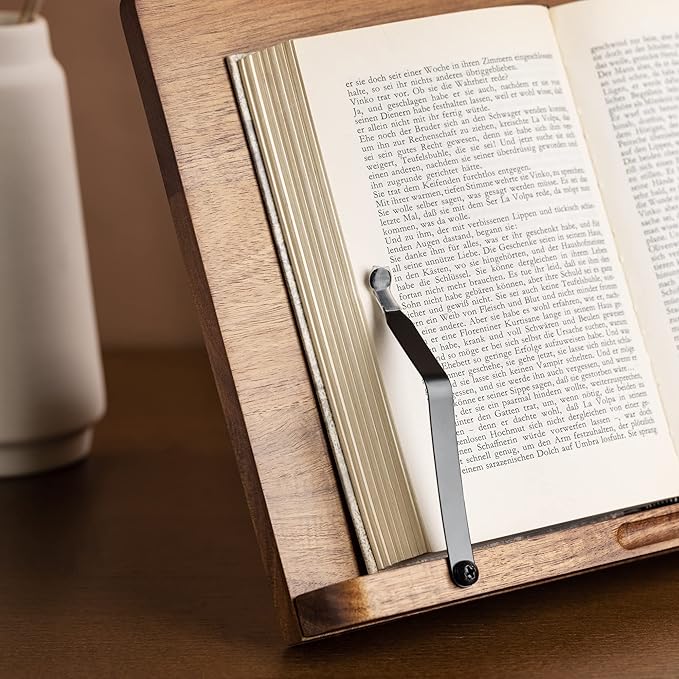Navaris acacia wooden book stand with adjustable page holders for cookbooks tablets and reading