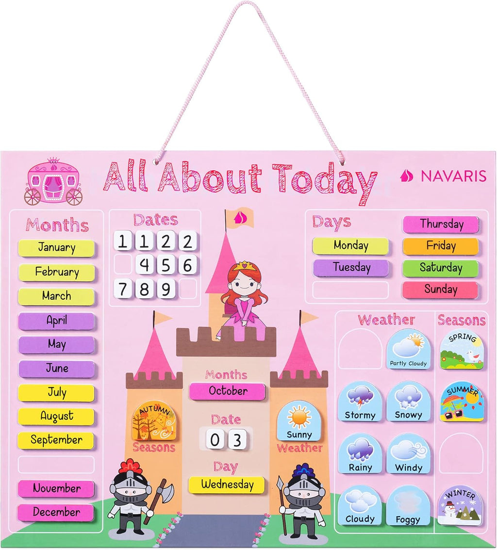 Navaris Kids Magnetic Calendar Board - My First Calendar Educational Wall Chart with Daily Magnet Stickers, Seasons, Weather & Months for Children - Pink Princess