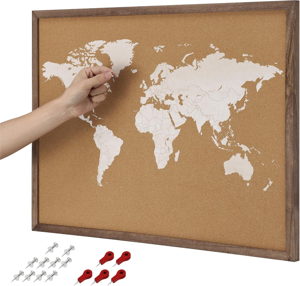 Navaris Cork World Map Pinboard with Wood Frame - 70 x 50 cm Travel Bulletin Cork Board - Push Pin World Map Includes Pins