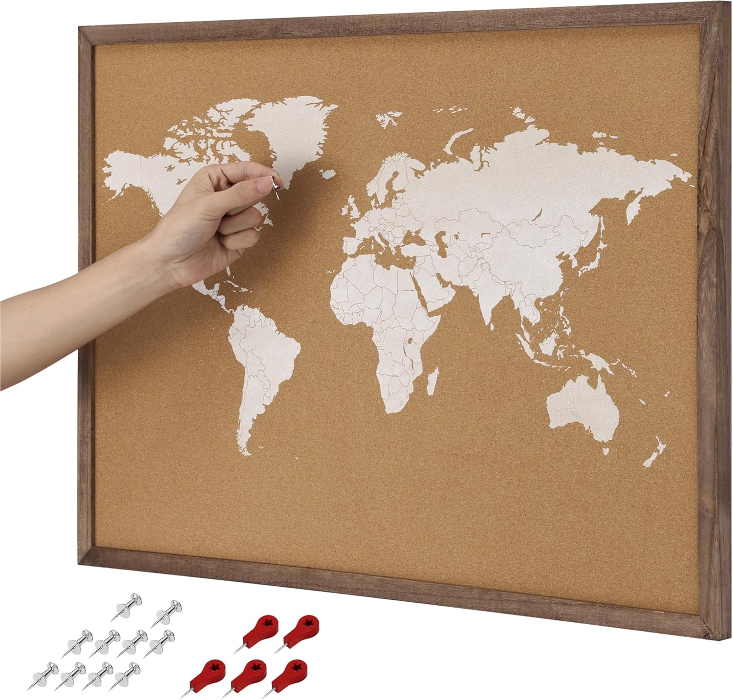 Navaris Cork World Map Pinboard with Wood Frame - 70 x 50 cm Travel Bulletin Cork Board - Push Pin World Map Includes Pins