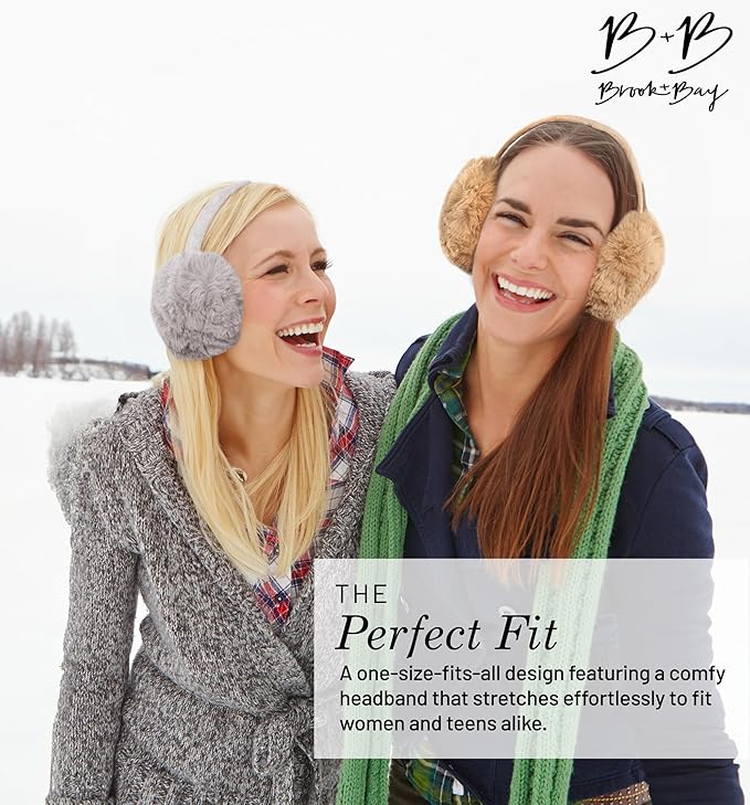 Brook + Bay Foldable Faux Fur Earmuffs - Adjustable Velvet Lined Ear Warmers for Women, Men & Kids - Brown