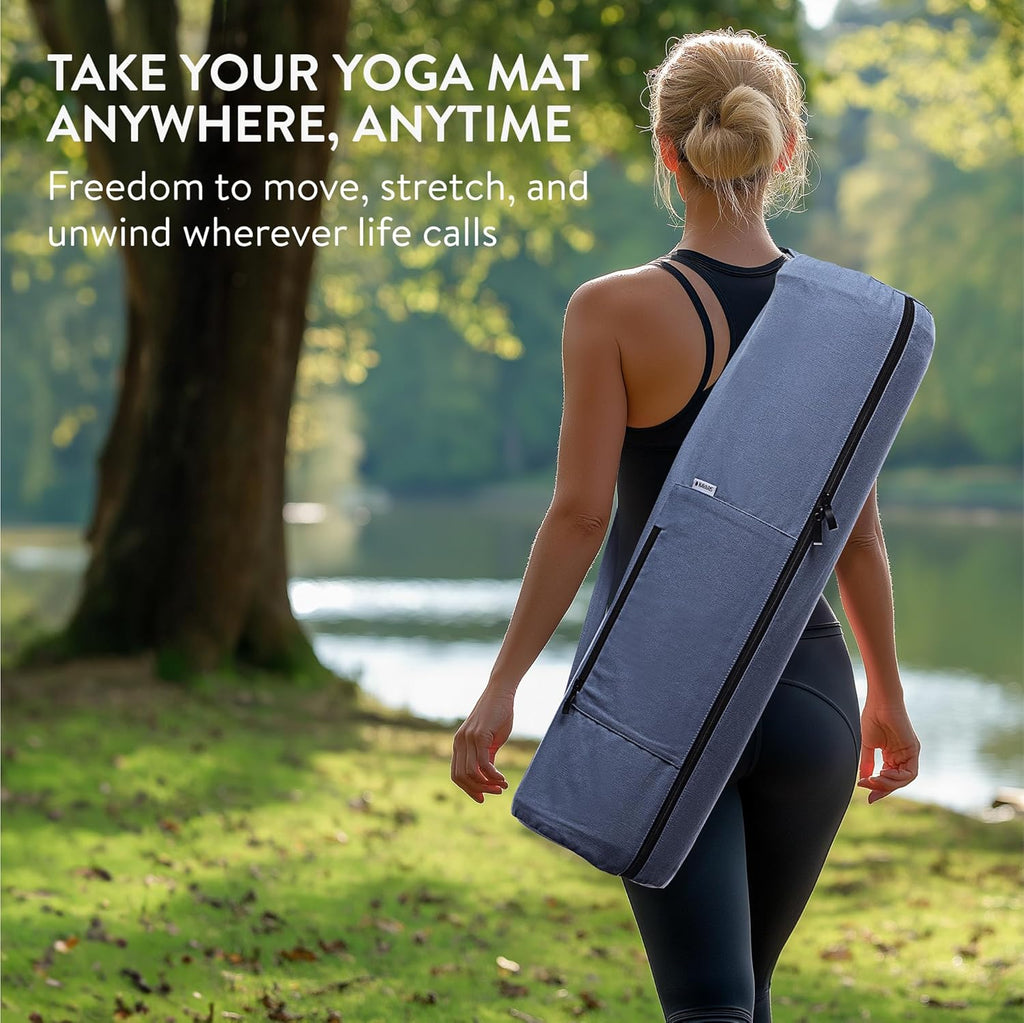 Navaris XXL Yoga Mat Bag – Cotton Yoga Mat Carrier with Zipper & Adjustable Shoulder Strap for Yoga, Pilates & Gymnastics (Blue)