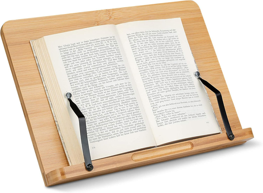 Navaris Bamboo Book Stand – Hands-Free Cookbook, Recipe & Tablet Holder with Adjustable Page Clips, Brown (33 x 24 cm)