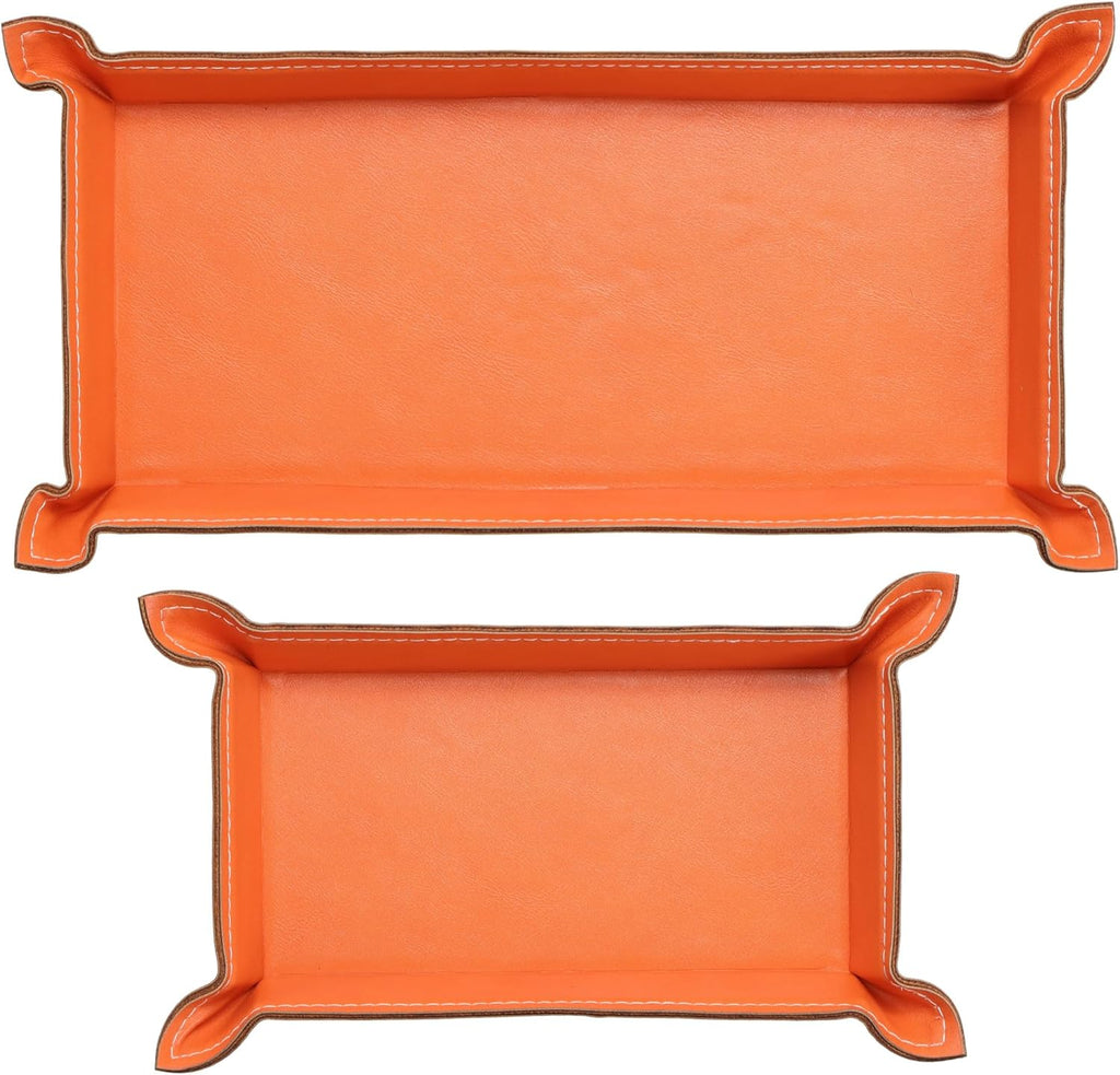 Navaris PU Leather Tray Set - 2 Piece Valet Tray & Trinket Organizer - Key, Watch, Jewelry & Desk Storage Tray Set - Orange