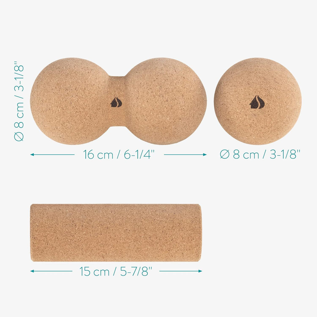 Navaris Cork Massage Roller Ball Set – 3-Piece Muscle Recovery Kit with Peanut Roller, Massage Ball & Mini Roller