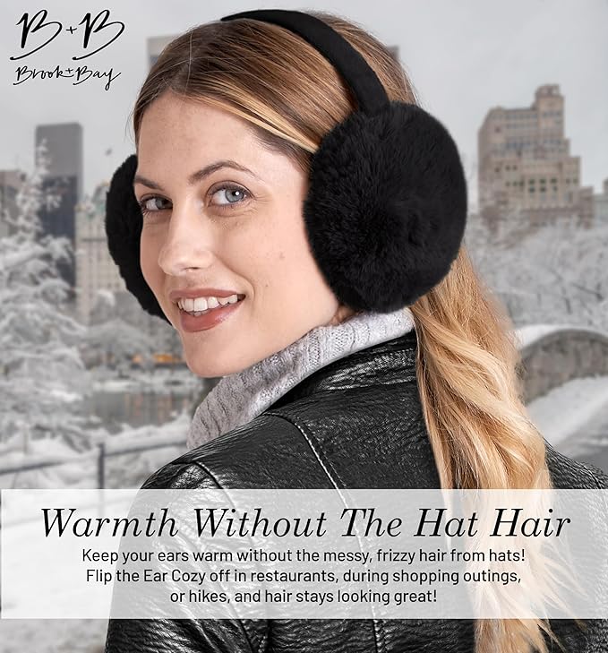 Brook + Bay Foldable Faux Fur Earmuffs - Adjustable Velvet Lined Ear Warmers for Women, Men & Kids - Black