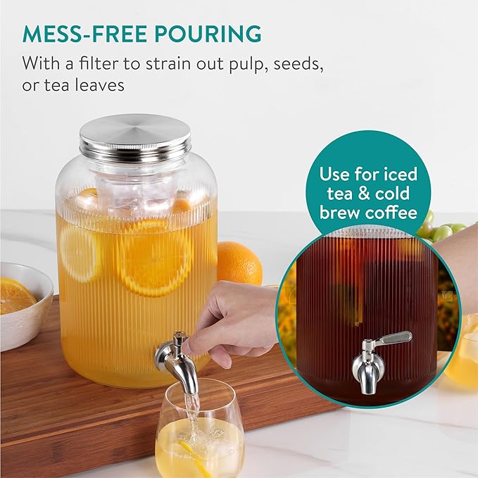 Navaris Glass Drink Dispenser with Spout – 4L (1 Gallon) Mason Jar Beverage Dispenser with Fruit & Ice Infuser for Parties