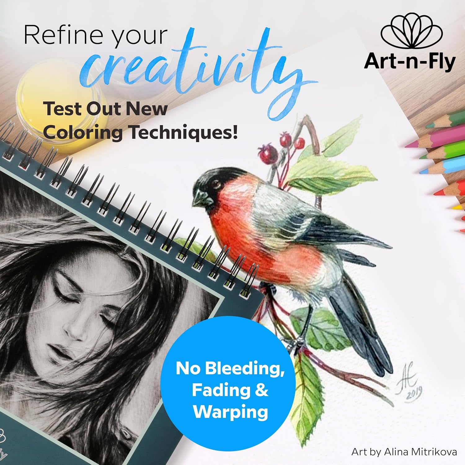 ArtNFly Spiral Bound Sketch Pad, 9 x 12 Inch, 100 Sheets, Smooth Acid-Free Drawing Paper, 70 lb Weight, Ideal for Pencil, Pen & Marker Sketching for Artists, Adults & Kids